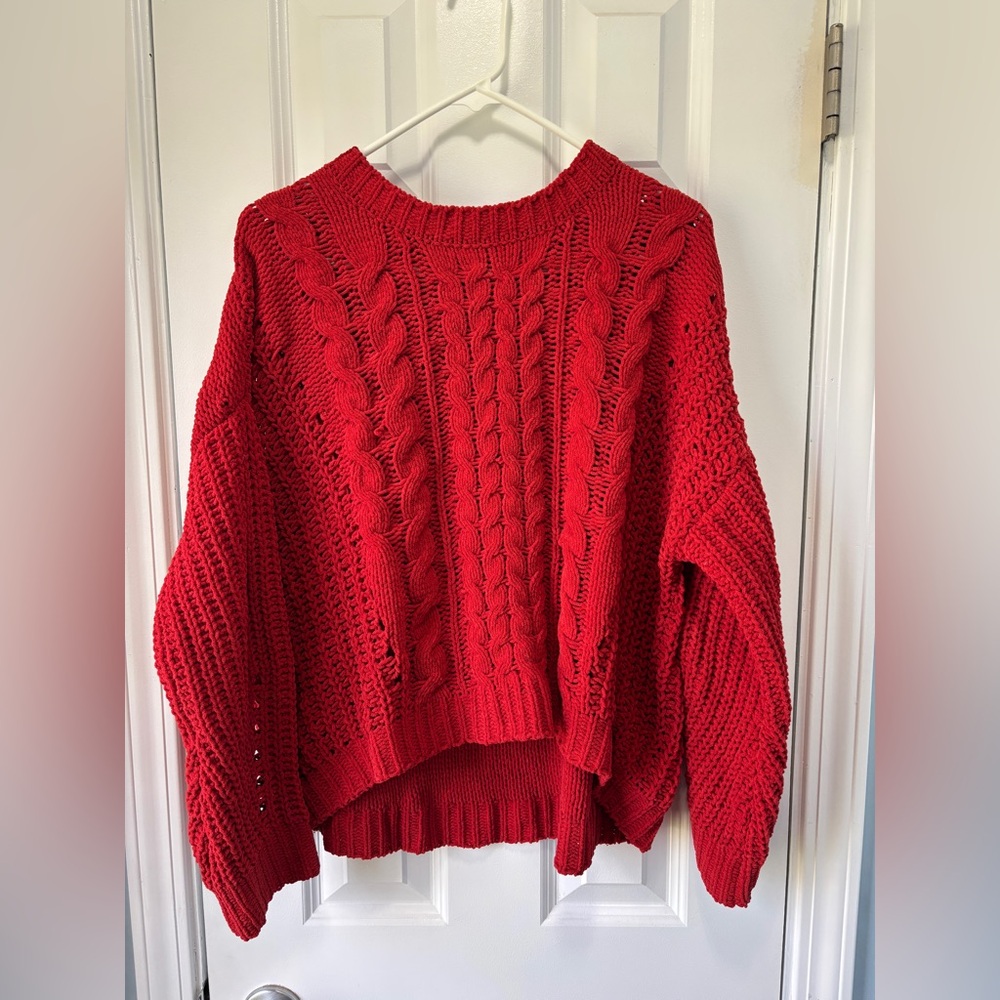 AQUA Women's Red Chunky Cable Knit Pullover Nautical ‎New England Size Medium